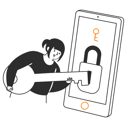 illustration of a woman unlocking a lock on the phone with a giant key